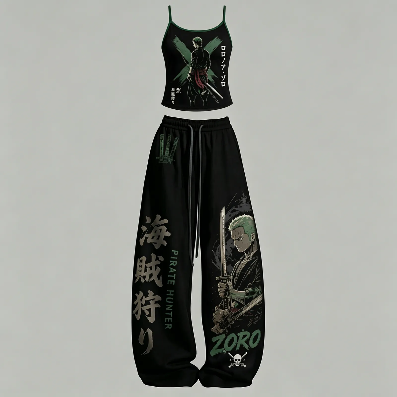 One Piece Roronoa Zoro Pirate Hunter Cami Top and Elasticated Trousers Two-Piece Set, Women's Black and Green Anime Lounge Outfit, Matching Set
