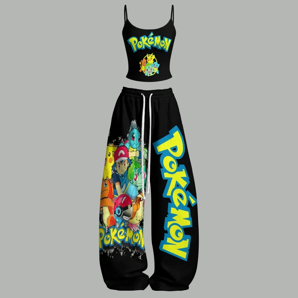 Pokémon Pikachu Kanto Starters Ash Cami Crop Top and Wide Leg Trousers Two-Piece Set, Black Yellow Blue Lounge Outfit, Women's Anime Co-ord