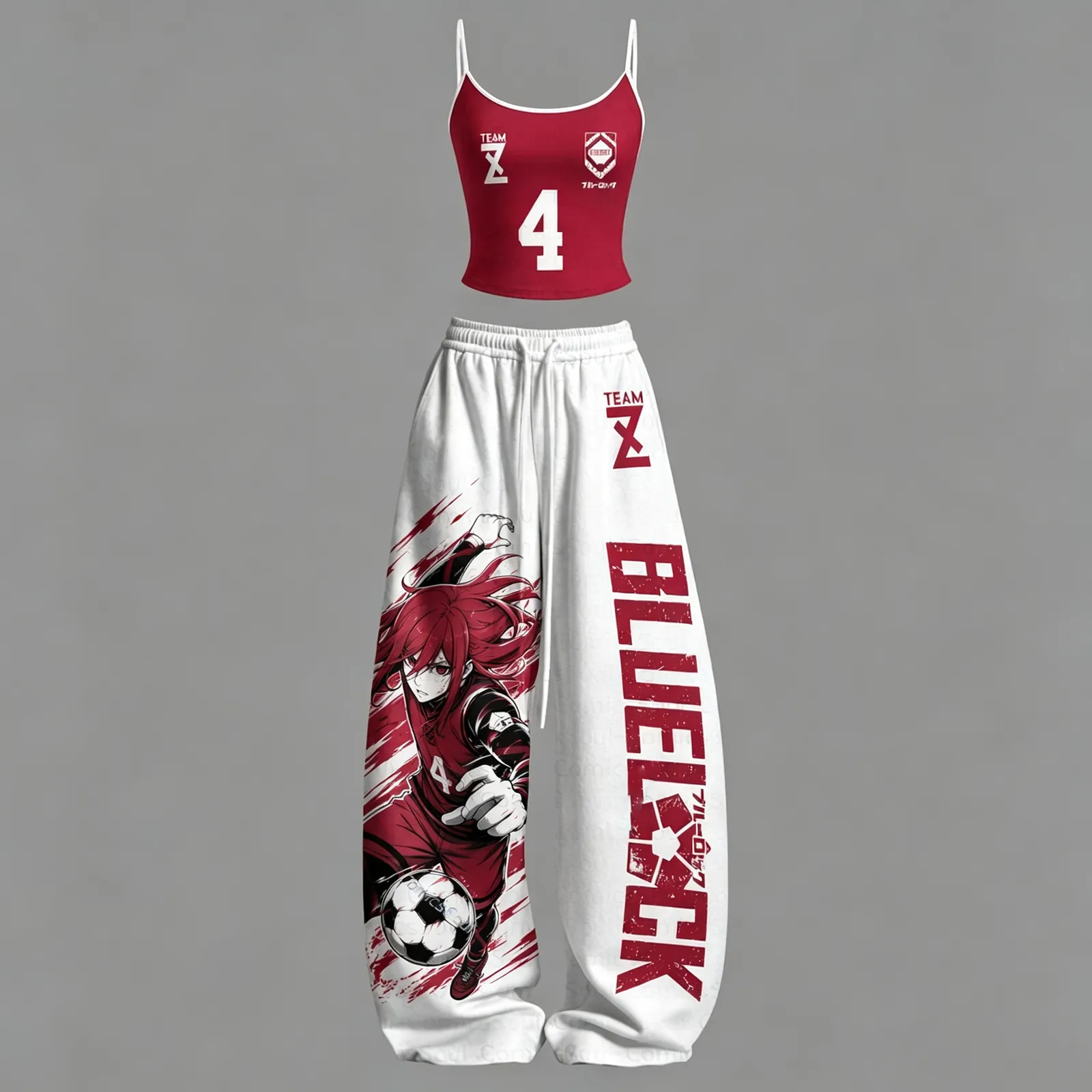 Blue Lock Hyoma Chigiri Team Z Number 4 Cami Crop Top and Elasticated Wide Leg Trousers Two-Piece Set, Women's Crimson and White Soccer Outfit