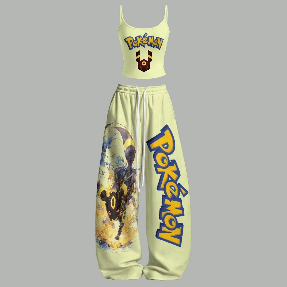 Pokémon Umbreon Cami Crop Top and Wide Leg Trousers Two-Piece Set, Women's Pale Yellow Anime Lounge Outfit, Dark Type Eevee Evolution Set
