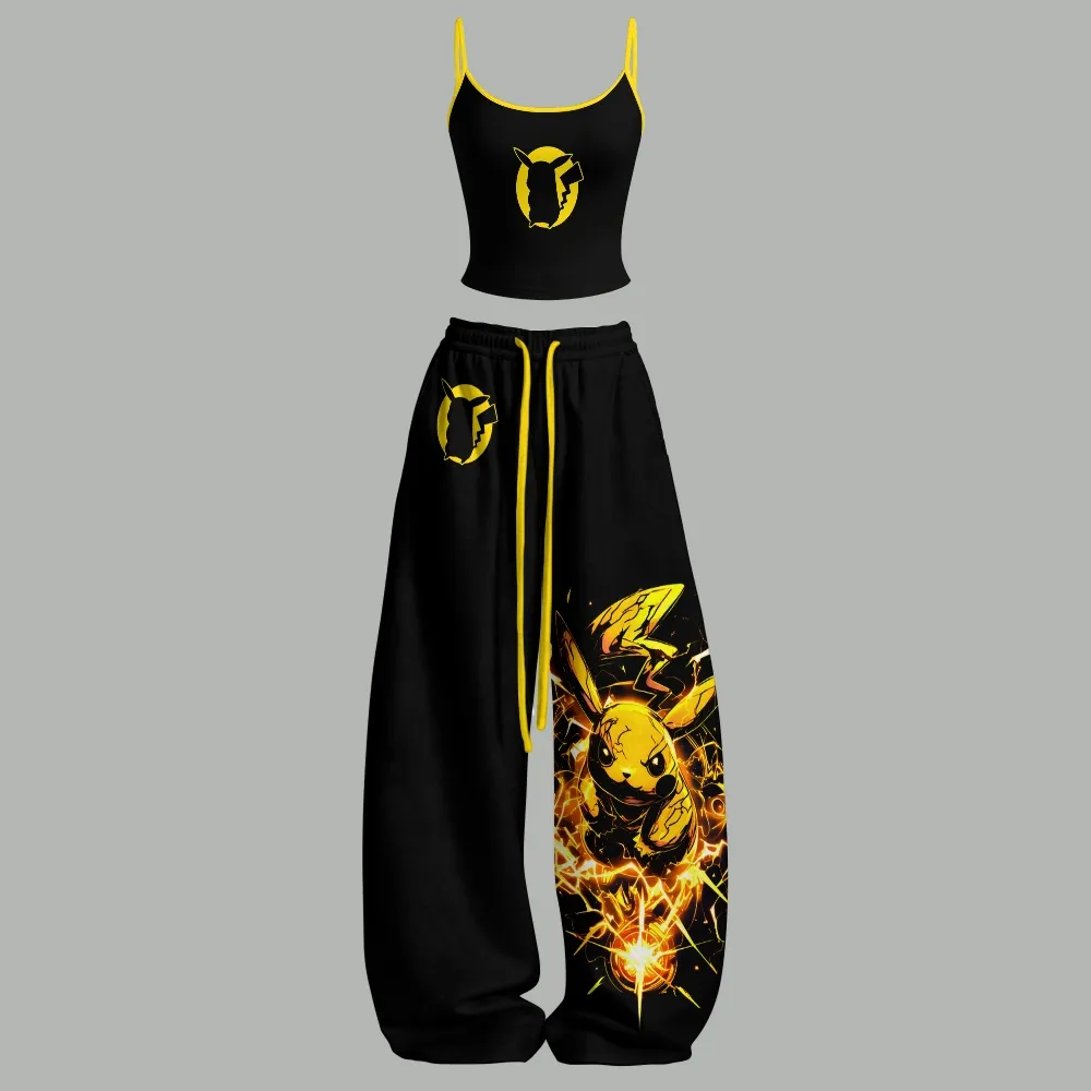 Pokémon Pikachu Cami Crop Top and Wide Leg Trousers Two-Piece Set, Black and Yellow Thunderbolt Silhouette Print, Women's Gamer Lounge Outfit