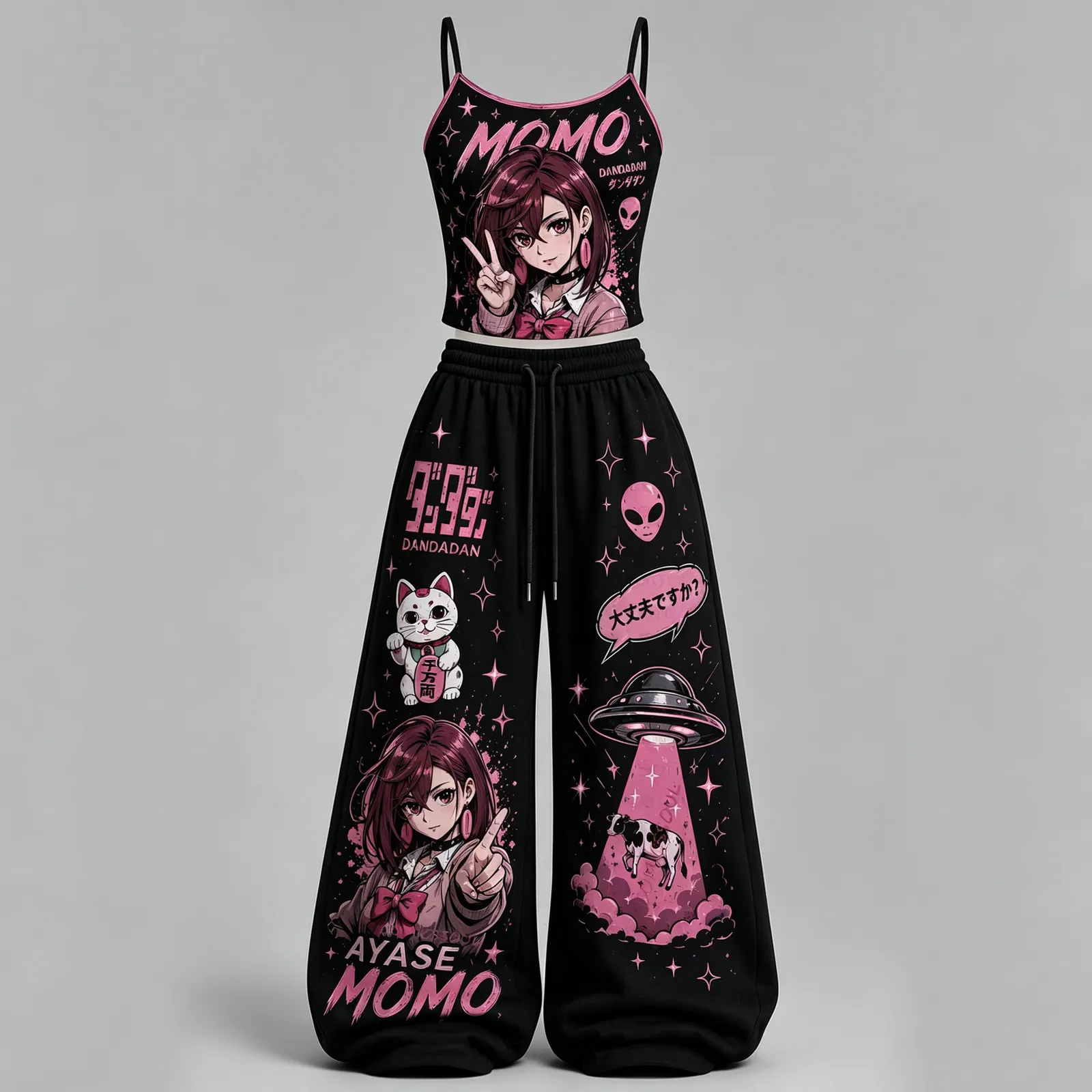 Dandadan Momo Ayase Cami Crop Top and Wide Leg Trousers Two-Piece Set, Black and Pink Flying Saucer and Lucky Cat Print, Women's Anime Outfit