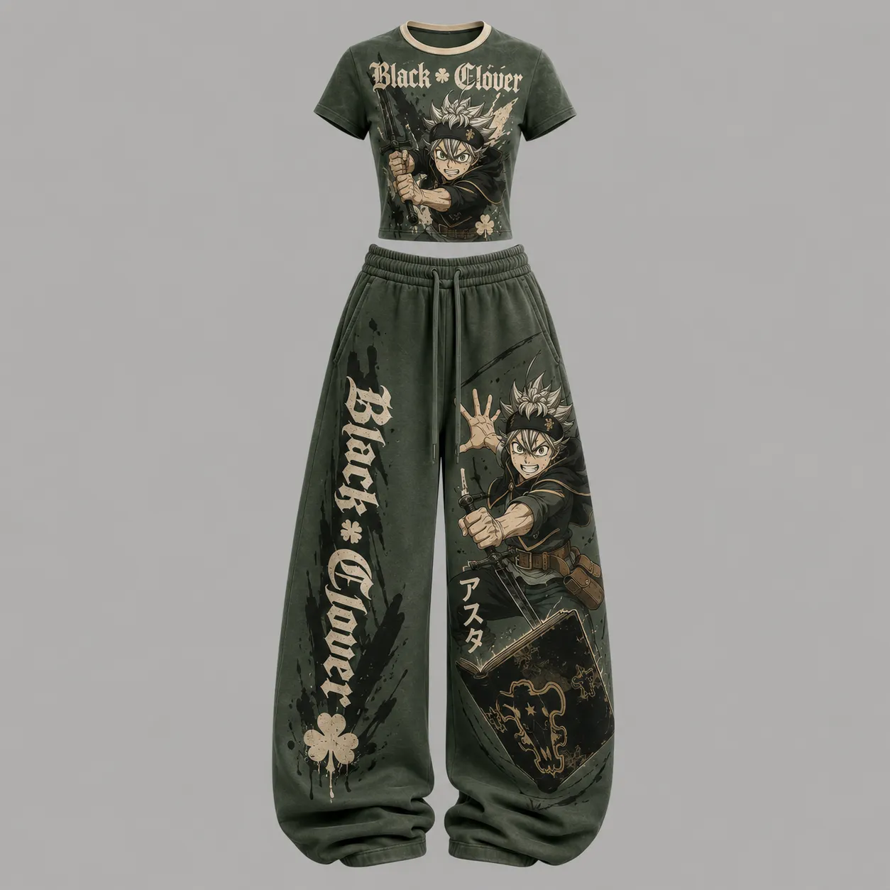 Black Clover Asta Crop Tee and Wide Leg Trousers Set, Women's Two-Piece Lounge Outfit, Black Bulls Grimoire Olive Green Washed Anime Set