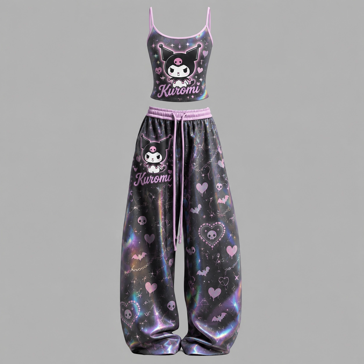 Kuromi Holographic Cami Crop Top and Wide Leg Trousers Two-Piece Set, Women's Black and Pink Sanrio Lounge Outfit, Kawaii Goth Matching Set