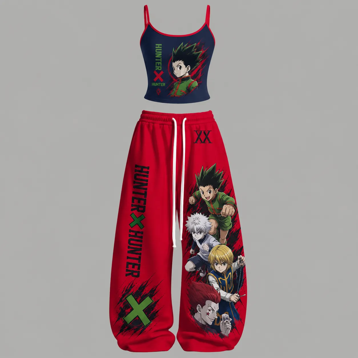 Hunter x Hunter Gon Killua Kurapika Hisoka Cami Crop Top and Wide Leg Trousers Two-Piece Set, Women's Navy Red Anime Lounge Outfit, HxH Gift