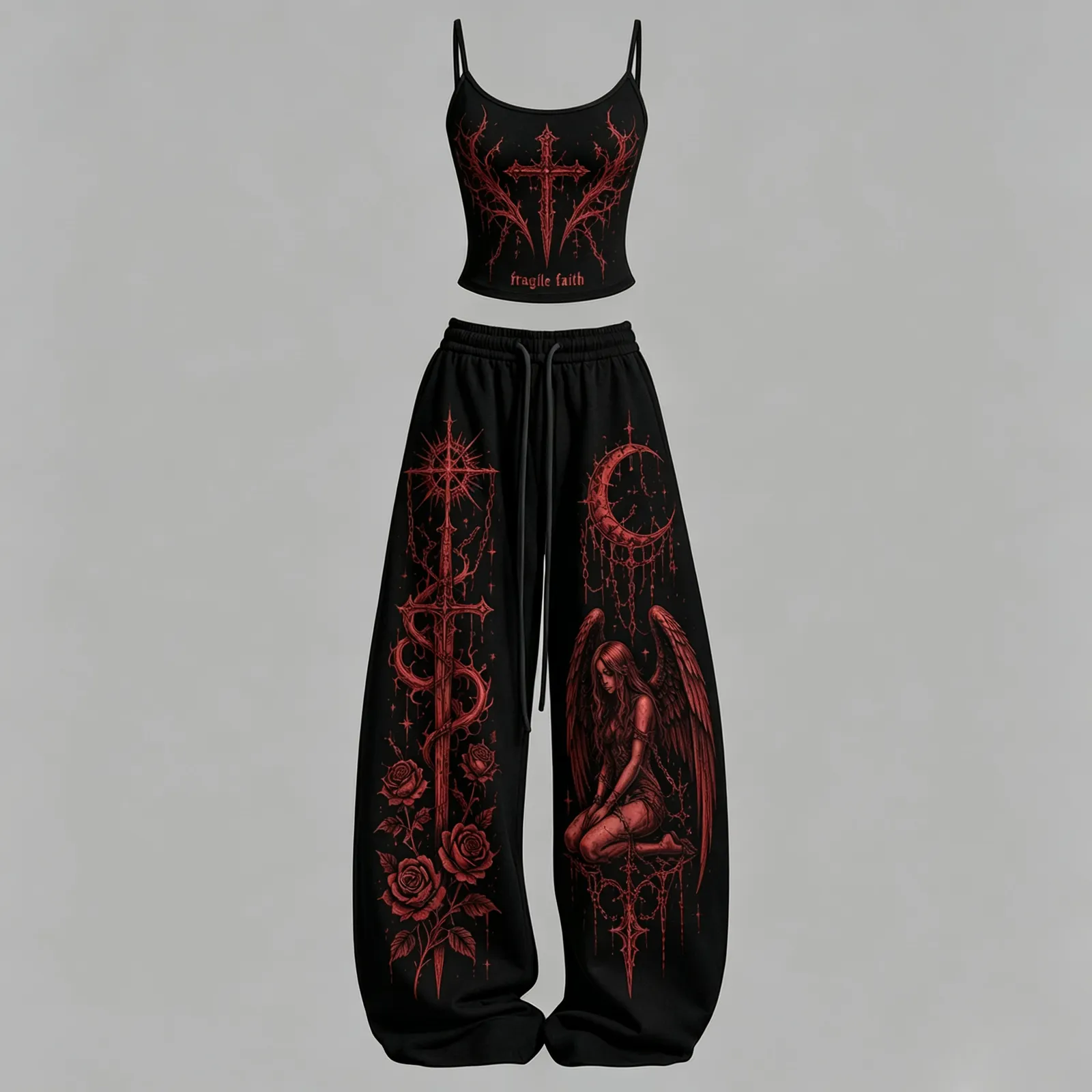 Gothic Heart Fragile Faith Cami Crop Top and Wide Leg Trousers Two-Piece Set, Women's Black and Red Fallen Angel Lounge Outfit, Goth Matching Set