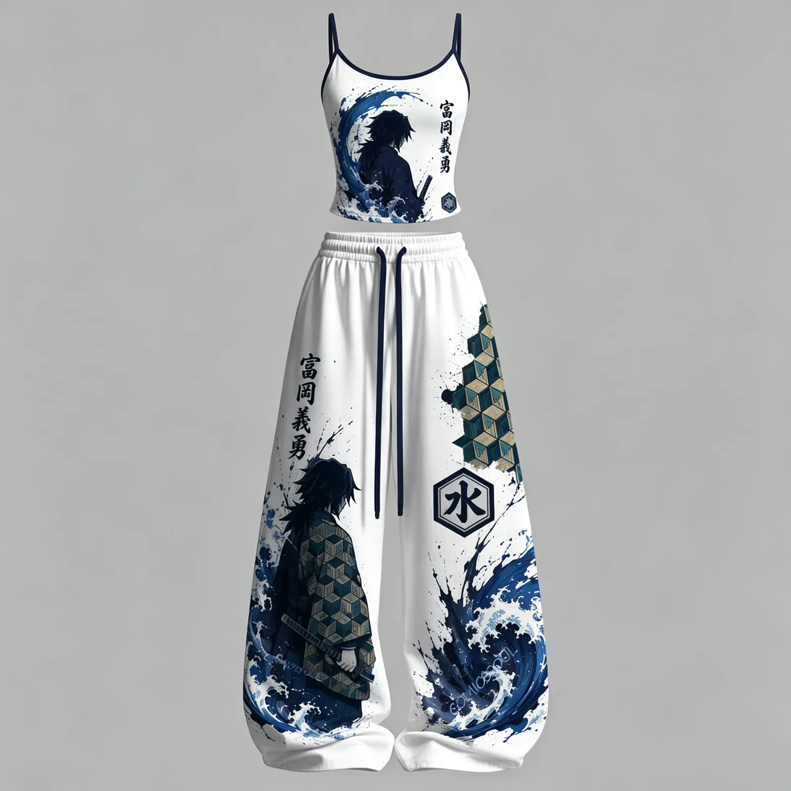 Demon Slayer Giyu Tomioka Water Hashira Cami Crop Top and Wide Leg Trousers Two-Piece Set, Women's White and Navy Anime Lounge Outfit, Wave Set