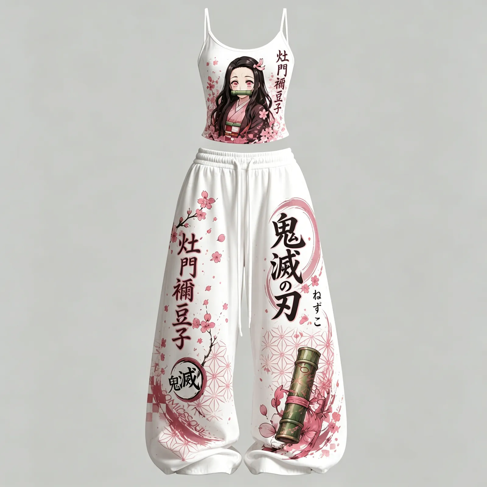 Demon Slayer Nezuko Kamado Bamboo Cami Crop Top and Wide Leg Trousers Two-Piece Set, Women's Kimetsu no Yaiba Pink Sakura Anime Outfit