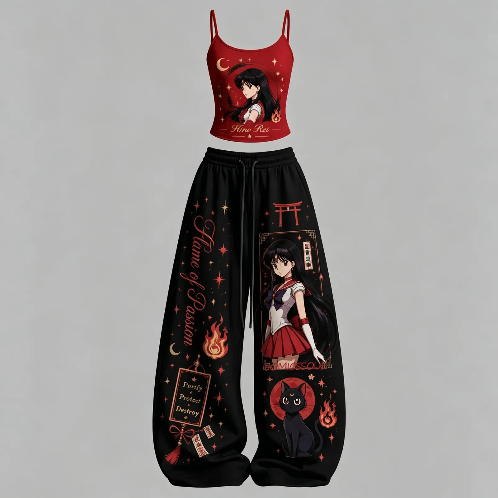 Sailor Moon Sailor Mars Hino Rei Cami Crop Top and Elasticated Wide Leg Trousers Two-Piece Set, Women's Red Black Flame of Passion Outfit