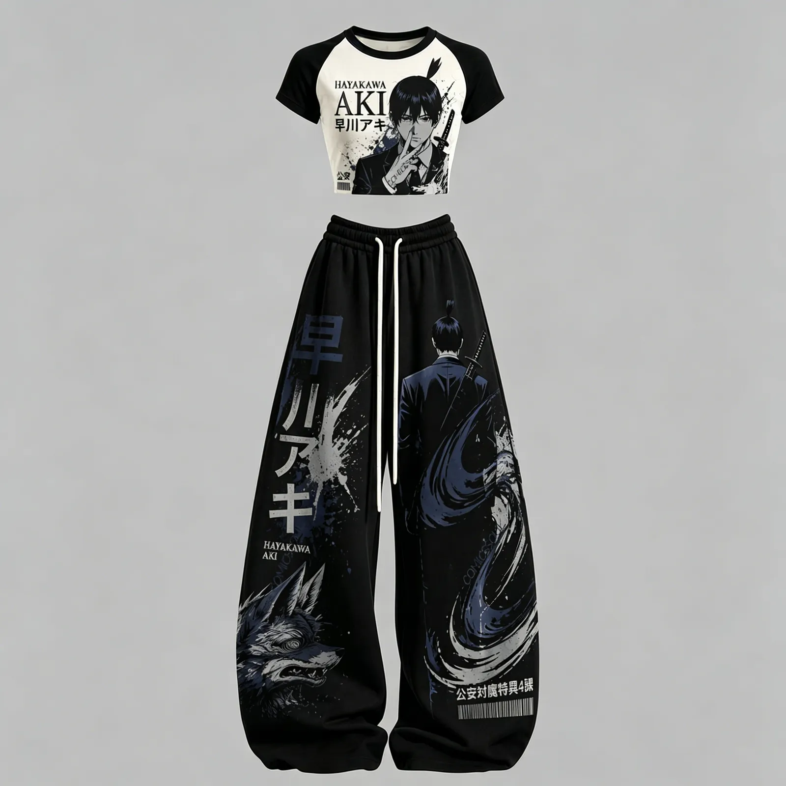 Chainsaw Man Hayakawa Aki Crop Tee and Wide Leg Trousers Two-Piece Set, Women's Black and Cream Fox Devil Anime Lounge Outfit, Matching Set