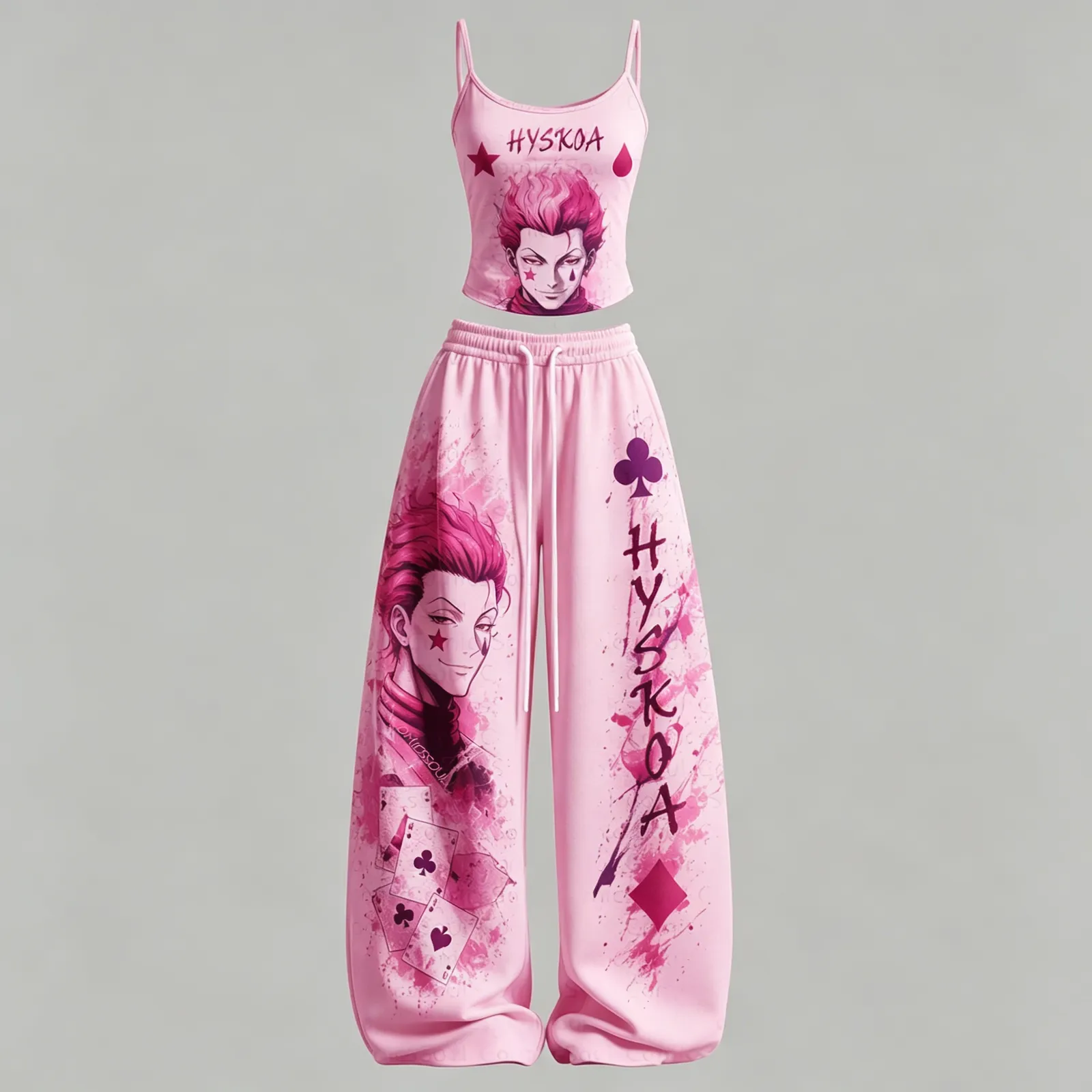 Hunter x Hunter Hisoka Cami Crop Top and Wide Leg Trousers Two-Piece Set, Women's Pink Magenta Anime Lounge Outfit, Playing Card Suits Fan Gift