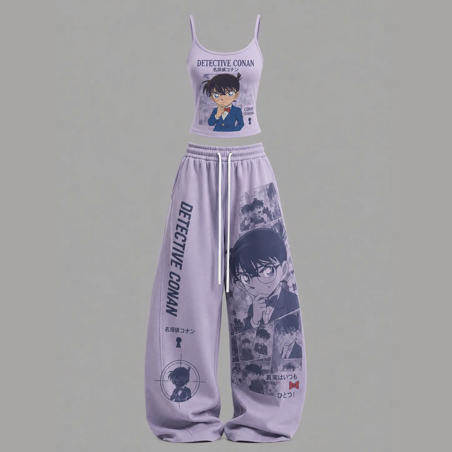 Detective Conan Edogawa Cami Crop Top and Wide Leg Trousers Set, Women's Two-Piece Lounge Outfit, Case Closed Lavender Manga Panel Anime Set