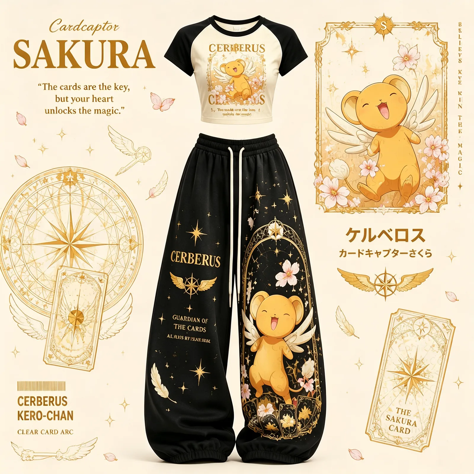 Cardcaptor Sakura Kero-chan Crop Tee and Wide Leg Trousers Two-Piece Set, Women's Black and Gold Cerberus Lounge Outfit, Anime Gift