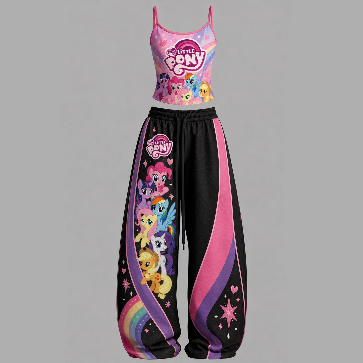 My Little Pony Mane Six Cami Crop Top and Wide Leg Trousers Two-Piece Set, Women's Rainbow Friendship Matching Lounge Outfit, Gift for Her