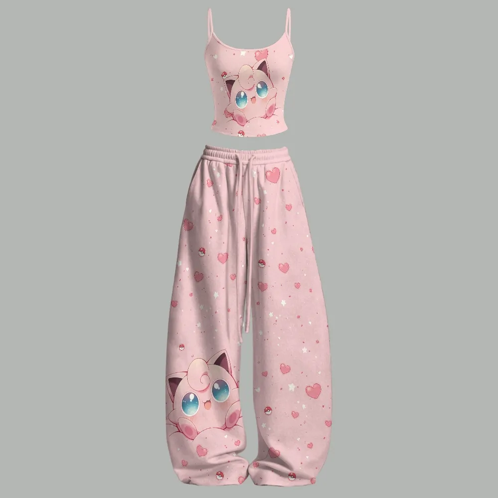 Pokémon Jigglypuff Cami Top and Elasticated Trousers Two-Piece Set, Women's Pastel Pink Heart Print Anime Lounge Outfit, Pokemon Matching Set