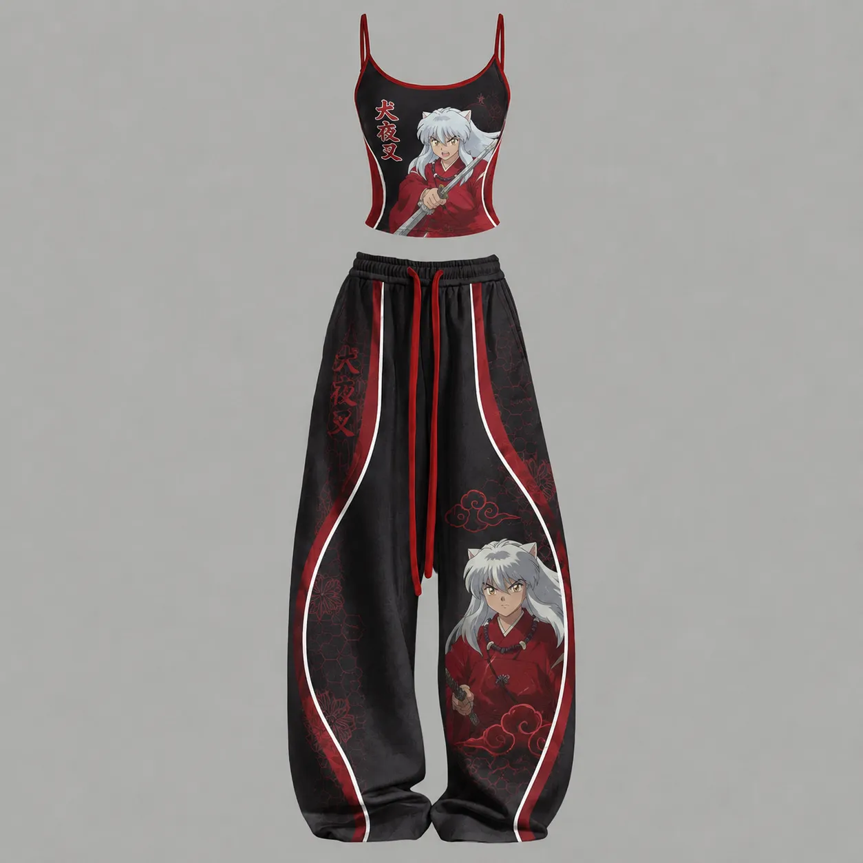 Inuyasha Fire-Rat Robe Cami Crop Top and Elasticated Wide Leg Trousers Two-Piece Set, Women's Black and Red Racing Stripe Kanji Anime Outfit