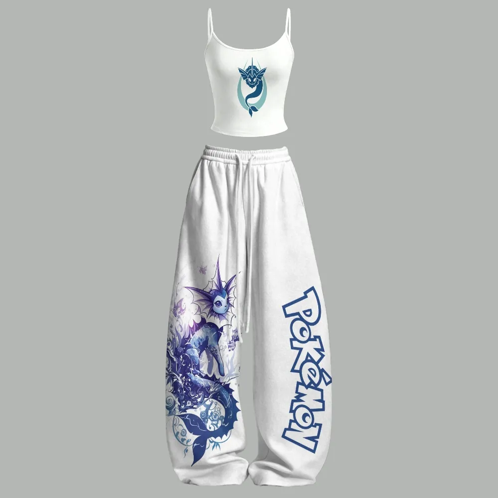 Pokémon Vaporeon Cami Crop Top and Wide Leg Trousers Two-Piece Set, Women's Water Type Eeveelution Blue and White Matching Lounge Outfit