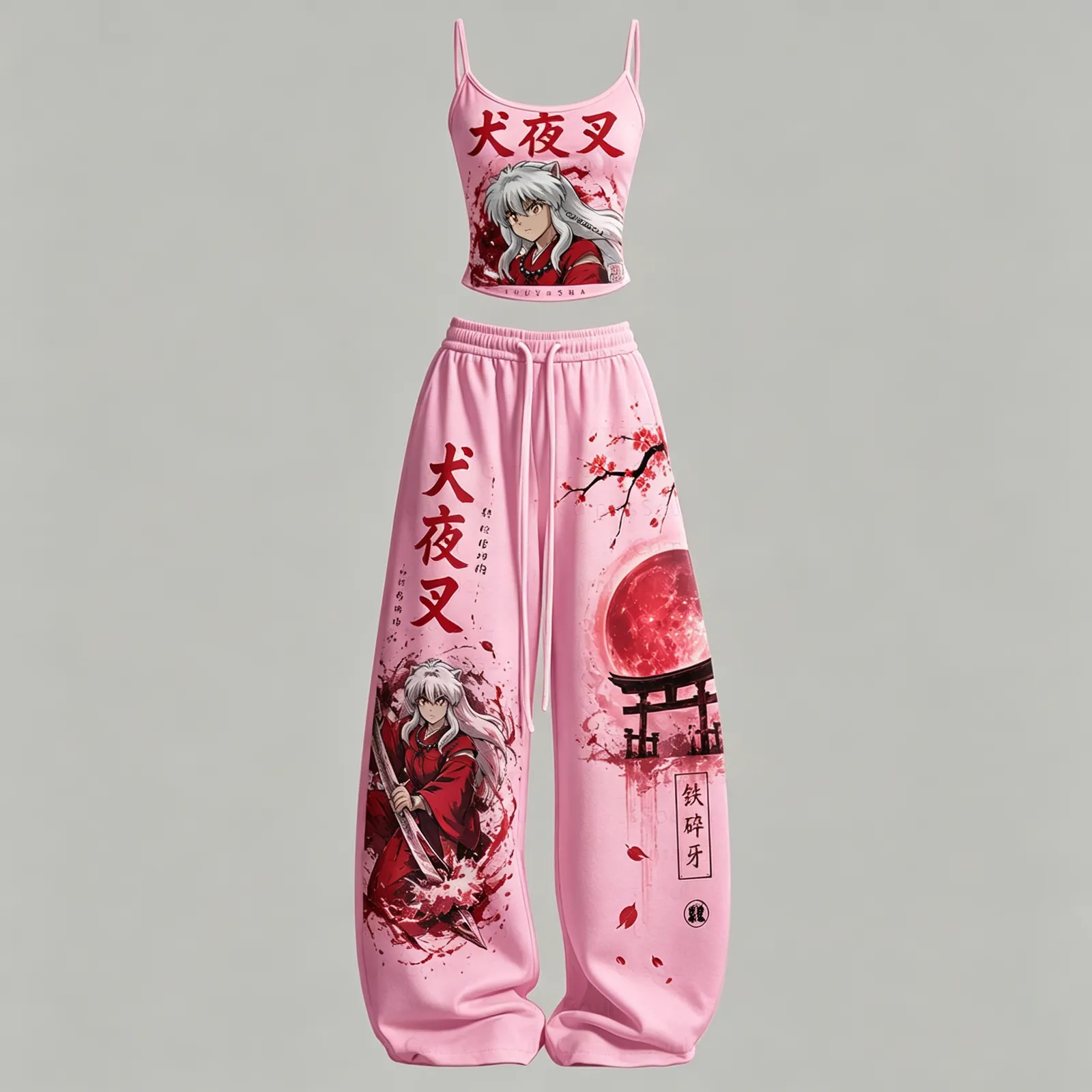 Inuyasha Cami Top and Elasticated Trousers Two-Piece Set, Women's Pink and Red Torii Gate Blood Moon Anime Lounge Outfit, Half-Demon Matching Set