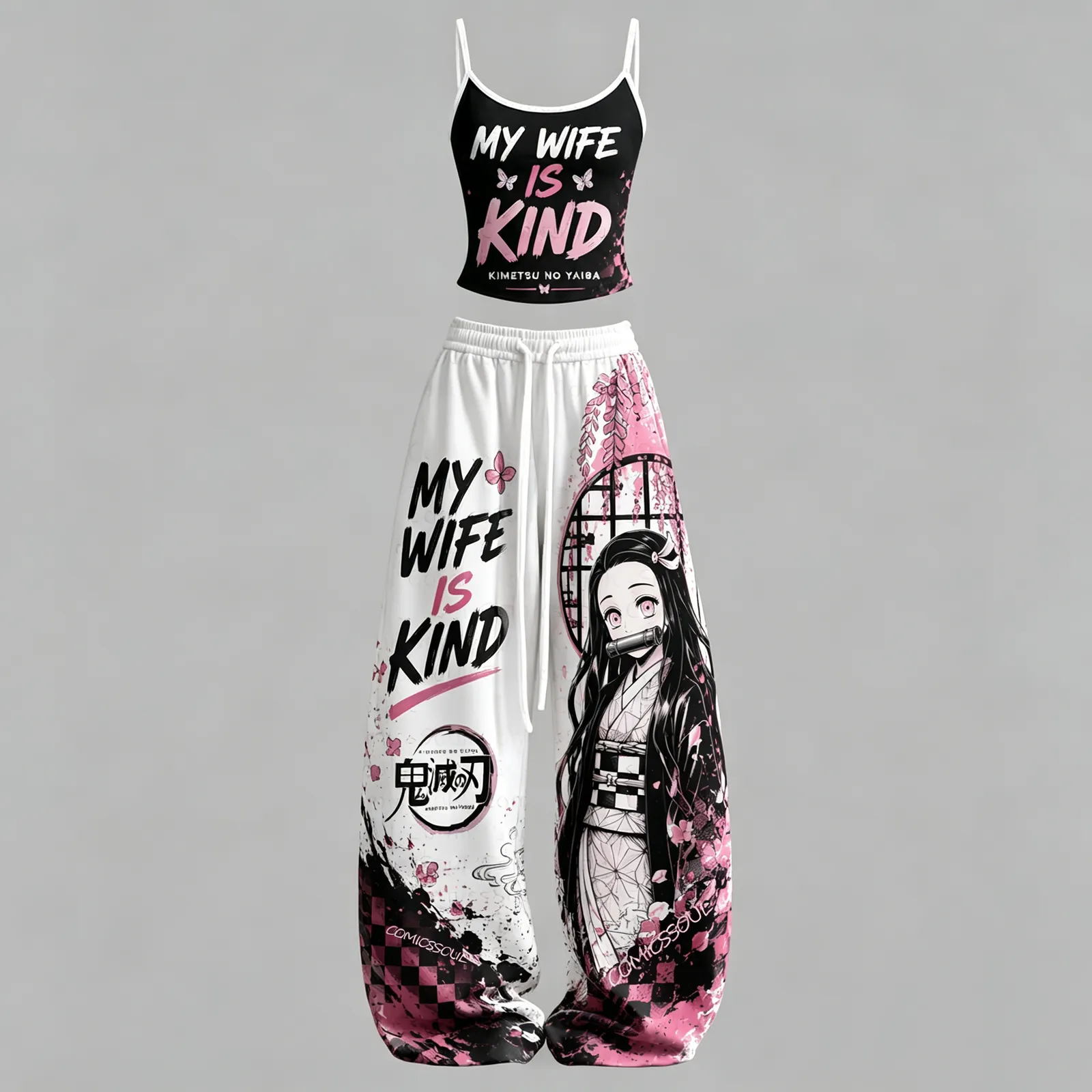 Demon Slayer Nezuko My Wife Is Kind Cami Crop Top and Wide Leg Trousers Two-Piece Set, Women's Kimetsu no Yaiba Anime Matching Outfit