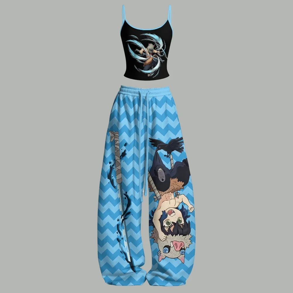 Demon Slayer Inosuke Hashibira Cami Crop Top and Wide Leg Trousers Two-Piece Set, Black and Blue Zigzag Boar Print, Women's Anime Outfit