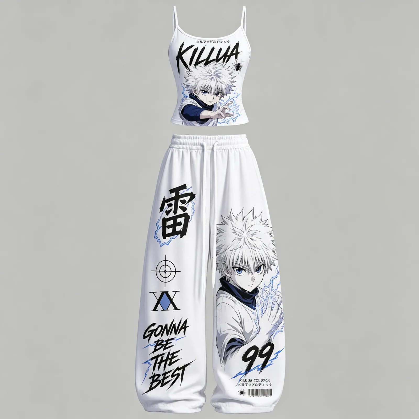 Hunter x Hunter Killua Zoldyck Cami Crop Top and Wide Leg Trousers Set, Women's Two-Piece Lounge Outfit, Lightning Gonna Be the Best Anime Set