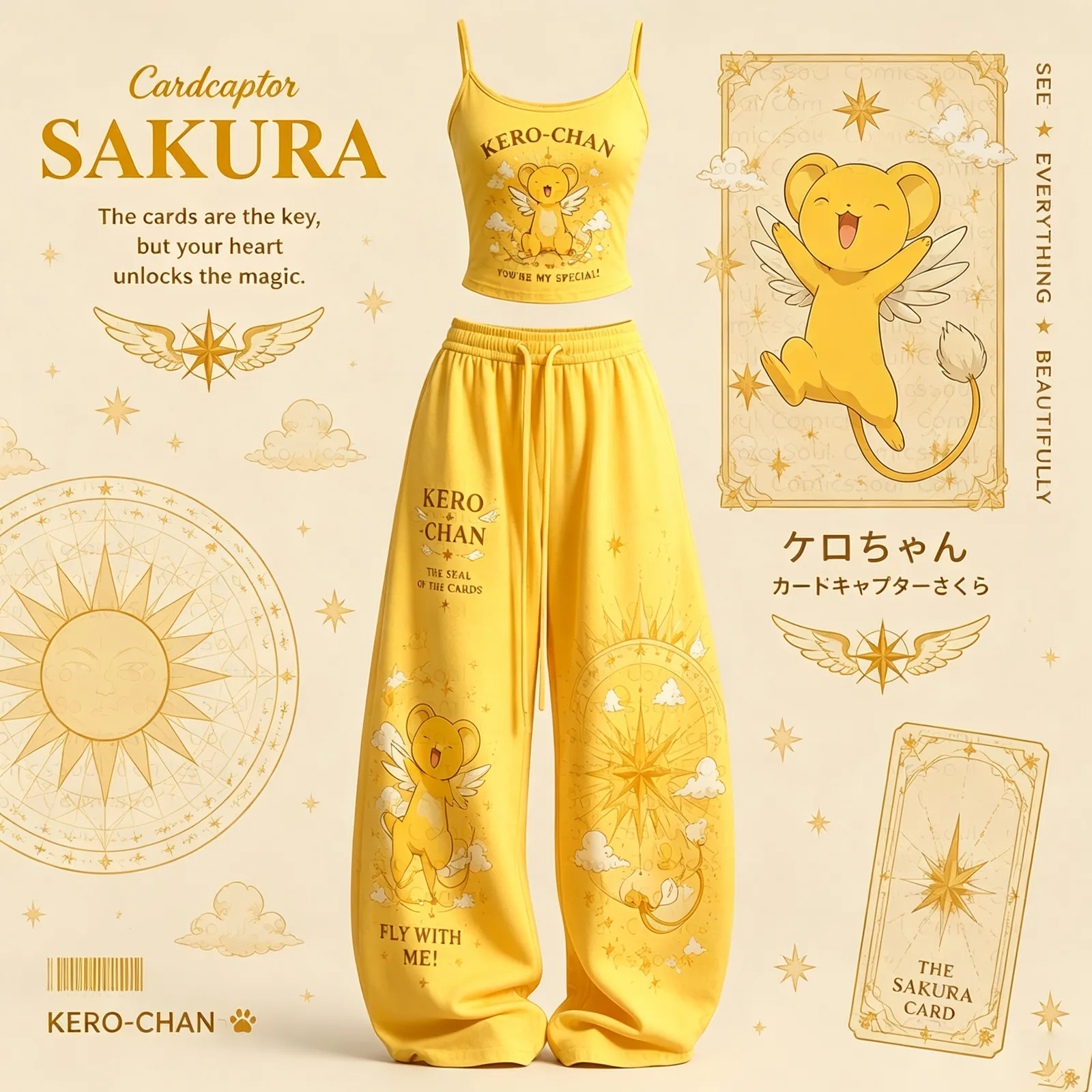 Cardcaptor Sakura Kero-chan Cami Crop Top and Wide Leg Trousers Two-Piece Set, Women's Yellow Seal of the Cards Lounge Outfit, Anime Fan Gift