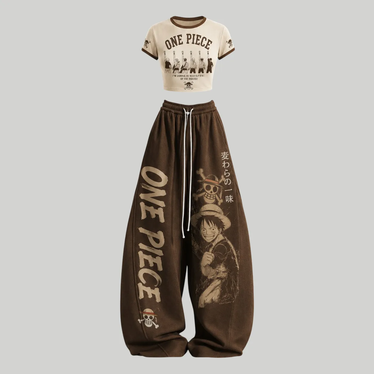 One Piece Straw Hat Pirates Ringer Crop Tee and Wide Leg Trousers Two-Piece Set, Women's Luffy Vintage Brown Anime Matching Lounge Outfit