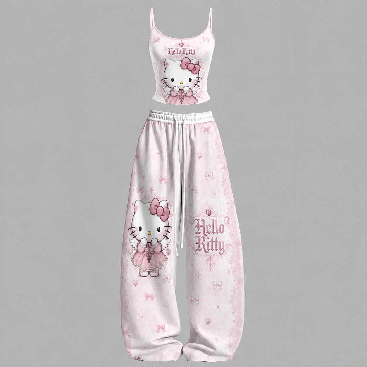 Hello Kitty Cami Crop Top and Wide Leg Trousers Two-Piece Set, Pink and White Angel Wings with Bows and Hearts, Women's Sanrio Lounge Outfit