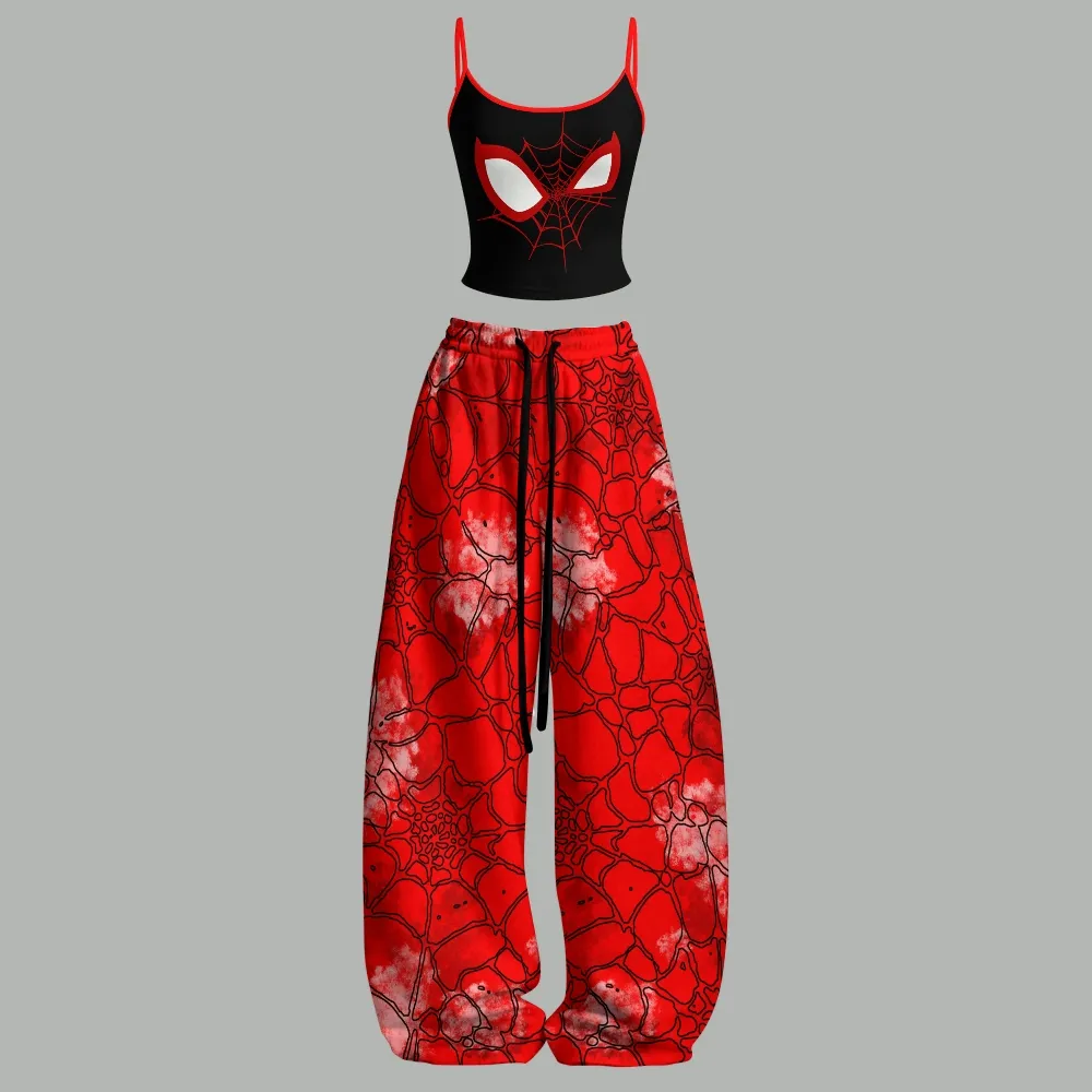 Spider-Man Miles Morales Cami Crop Top and Wide Leg Trousers Two-Piece Set, Women's Black and Red Web Print Lounge Outfit, Marvel Matching Set