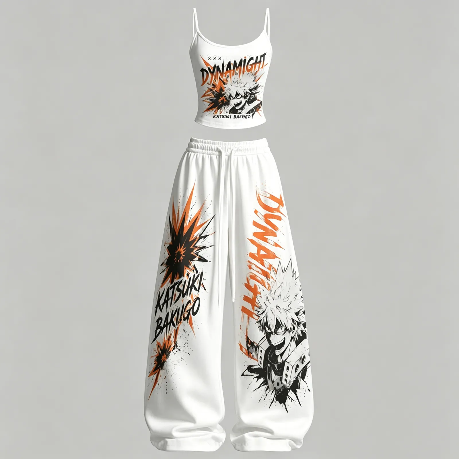 My Hero Academia Katsuki Bakugo Dynamight Cami Crop Top and Wide Leg Trousers Two-Piece Set, White and Orange Explosion Print, Women's Outfit
