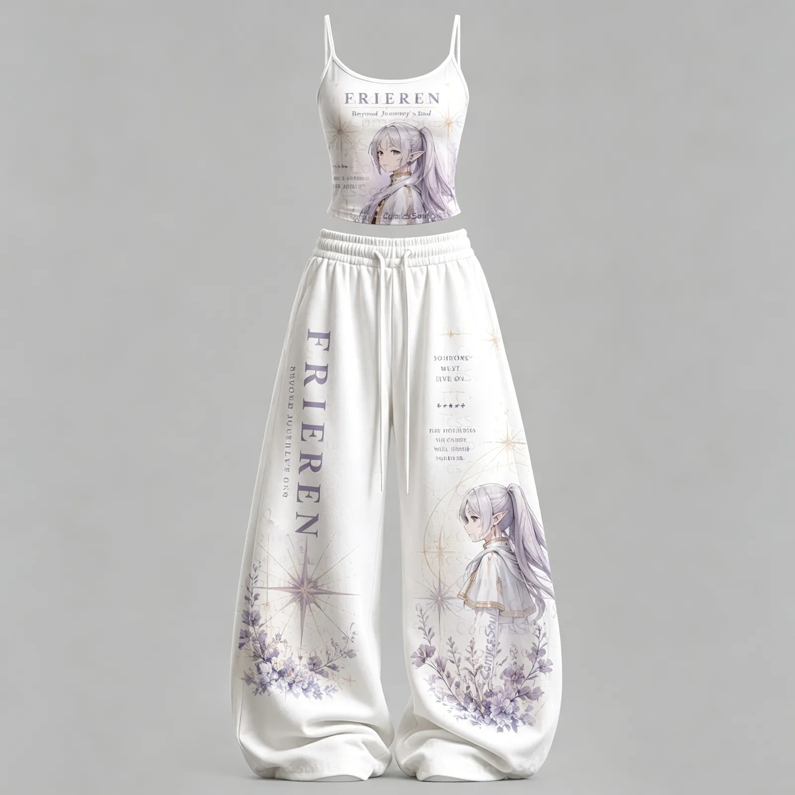 Frieren Beyond Journey's End Cami Crop Top and Wide Leg Trousers Two-Piece Set, Women's Lavender Watercolor Anime Matching Lounge Outfit