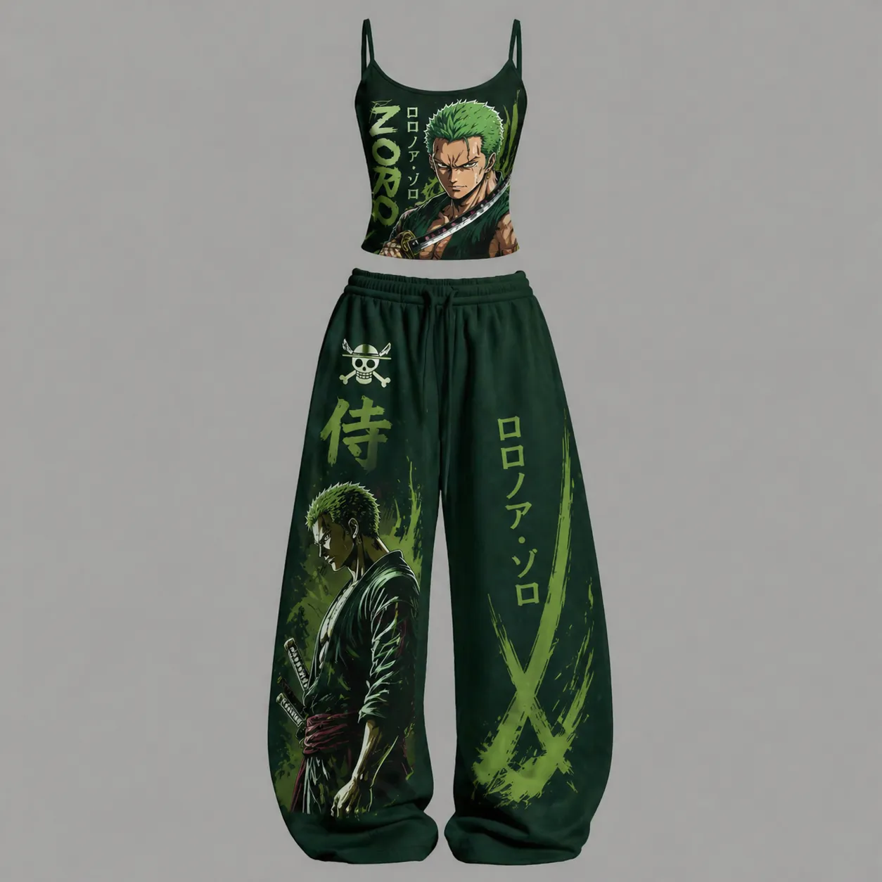 One Piece Roronoa Zoro Cami Crop Top and Wide Leg Trousers Two-Piece Set, Women's Straw Hat Pirates Samurai Anime Matching Lounge Outfit