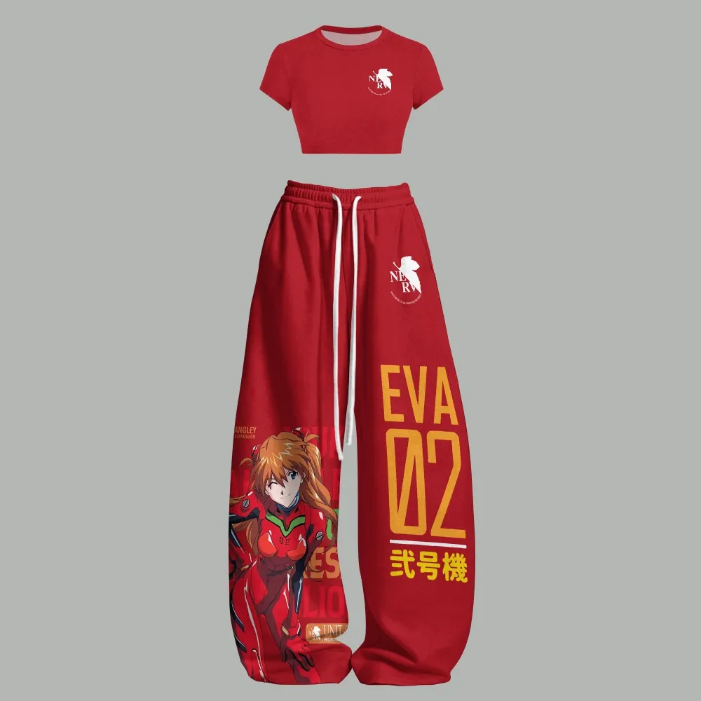 Evangelion Eva Asuka Langley Unit 02 Women Crop Tee and Elasticated Wide Leg Trousers Two-Piece Set, Red Nerv Logo Mecha Anime Lounge Outfit