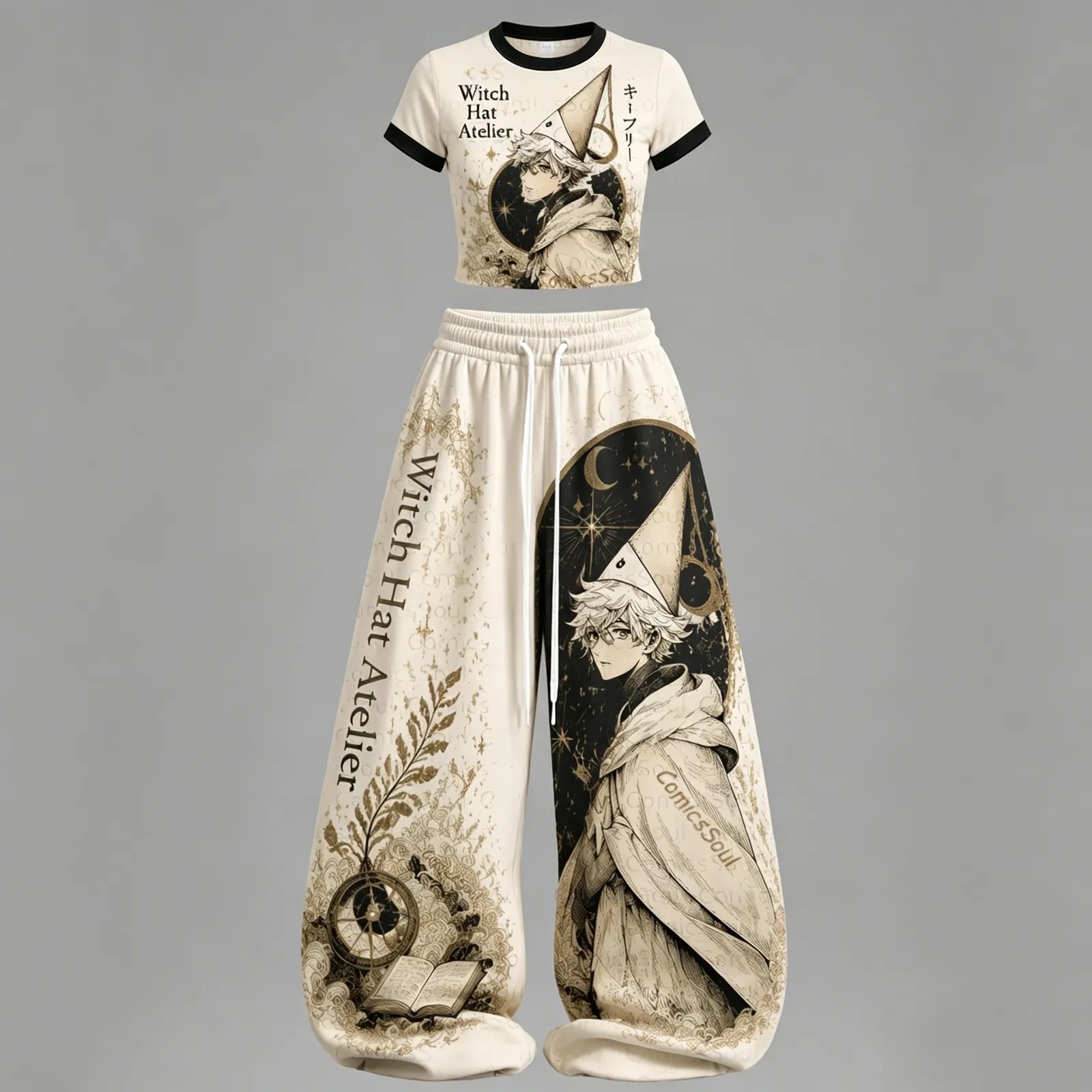 Witch Hat Atelier Qifrey Crop Tee and Wide Leg Trousers Two-Piece Set, Cream and Gold Vintage Manga Art Print, Women's Anime Fantasy Outfit