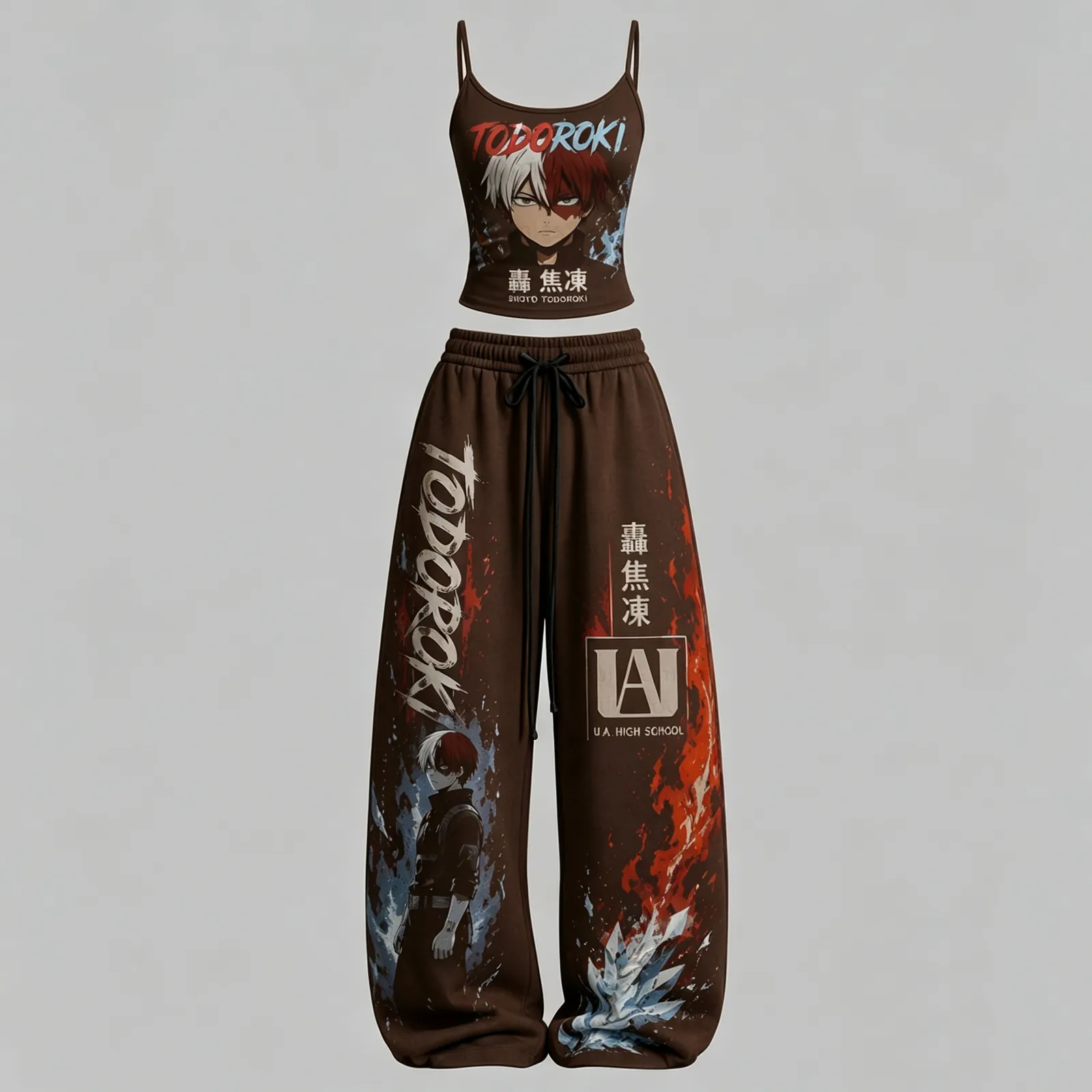 My Hero Academia Shoto Todoroki Cami Crop Top and Elasticated Wide Leg Trousers Two-Piece Set, Women's Chocolate Brown Fire and Ice Anime Outfit