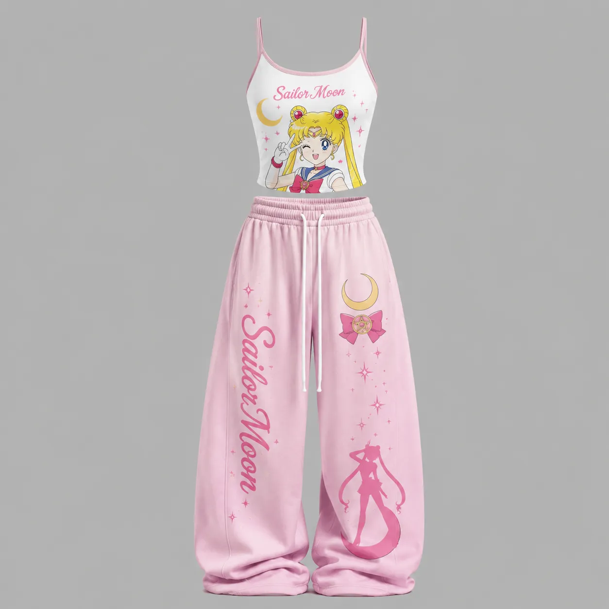 Sailor Moon Usagi Cami Top and Elasticated Trousers Two-Piece Set, Women's White and Pink Anime Lounge Outfit, Moon Crescent Matching Set