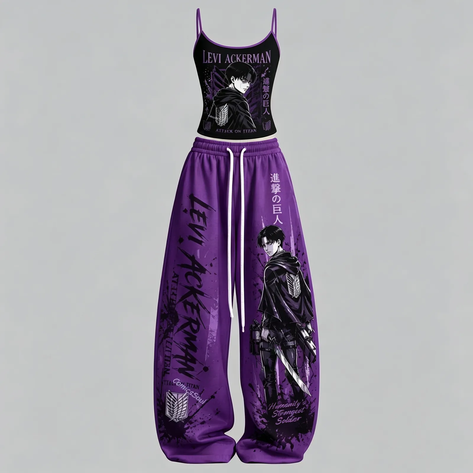 Attack on Titan Levi Ackerman Cami Crop Top and Purple Wide Leg Trousers Set, Women's Two-Piece Lounge Outfit, Survey Corps Wings of Freedom Set
