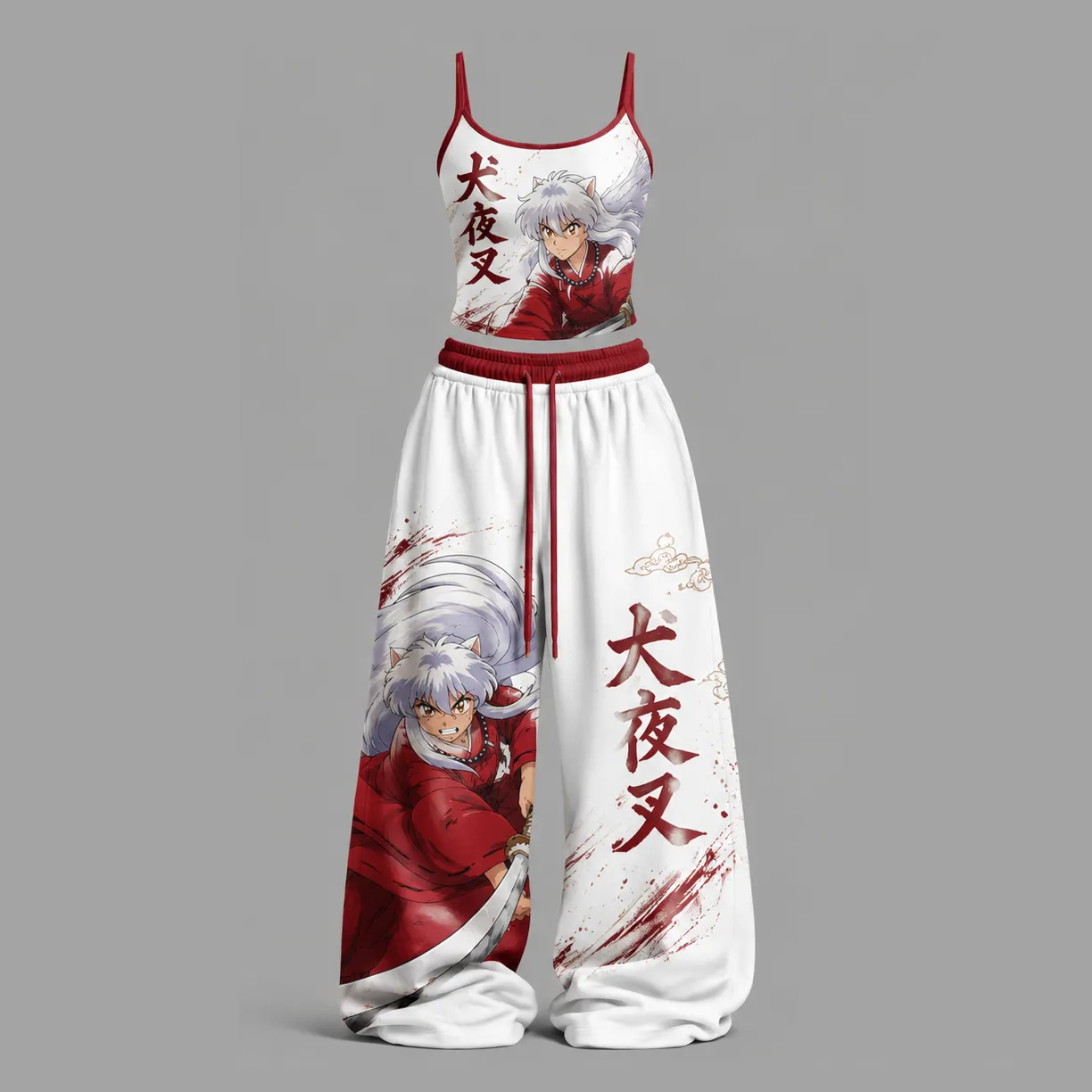 Inuyasha Cami Crop Top and White Wide Leg Trousers Set, Women's Two-Piece Lounge Outfit, Red Kanji Half Demon Anime Matching Set Gift