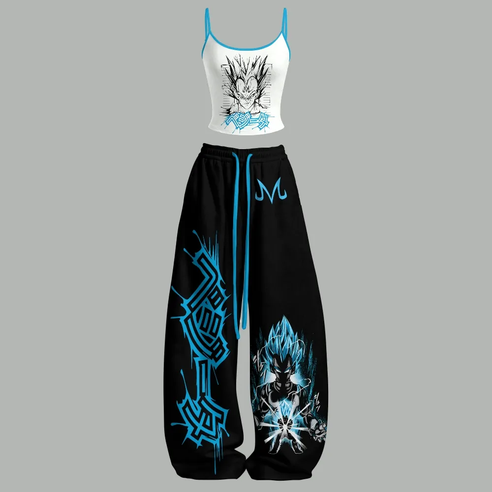 Dragon Ball Vegeta Super Saiyan Blue Cami Top and Elasticated Trousers Two-Piece Set, Women's White Black and Cyan Anime Lounge Outfit, Majin Set