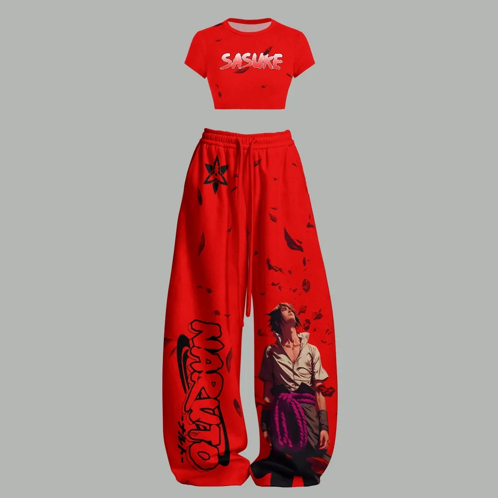 Naruto Sasuke Uchiha Women Crop Tee and Wide Leg Trousers Two-Piece Set, Red Anime Lounge Outfit, Sharingan Crimson Petals Matching Set for Fans