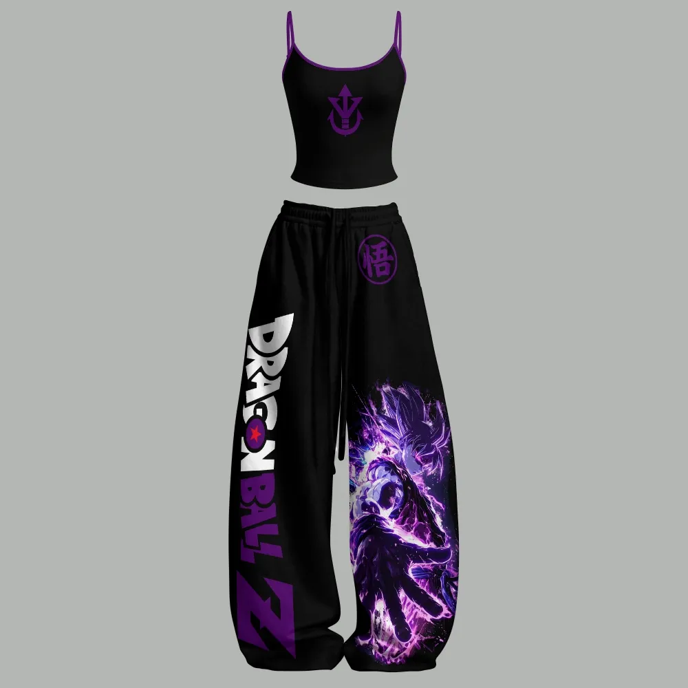 Dragon Ball Z Cami Crop Top and Wide Leg Trousers Two-Piece Set, Black and Purple Saiyan Royal Crest and Goku Print, Women's Anime Outfit