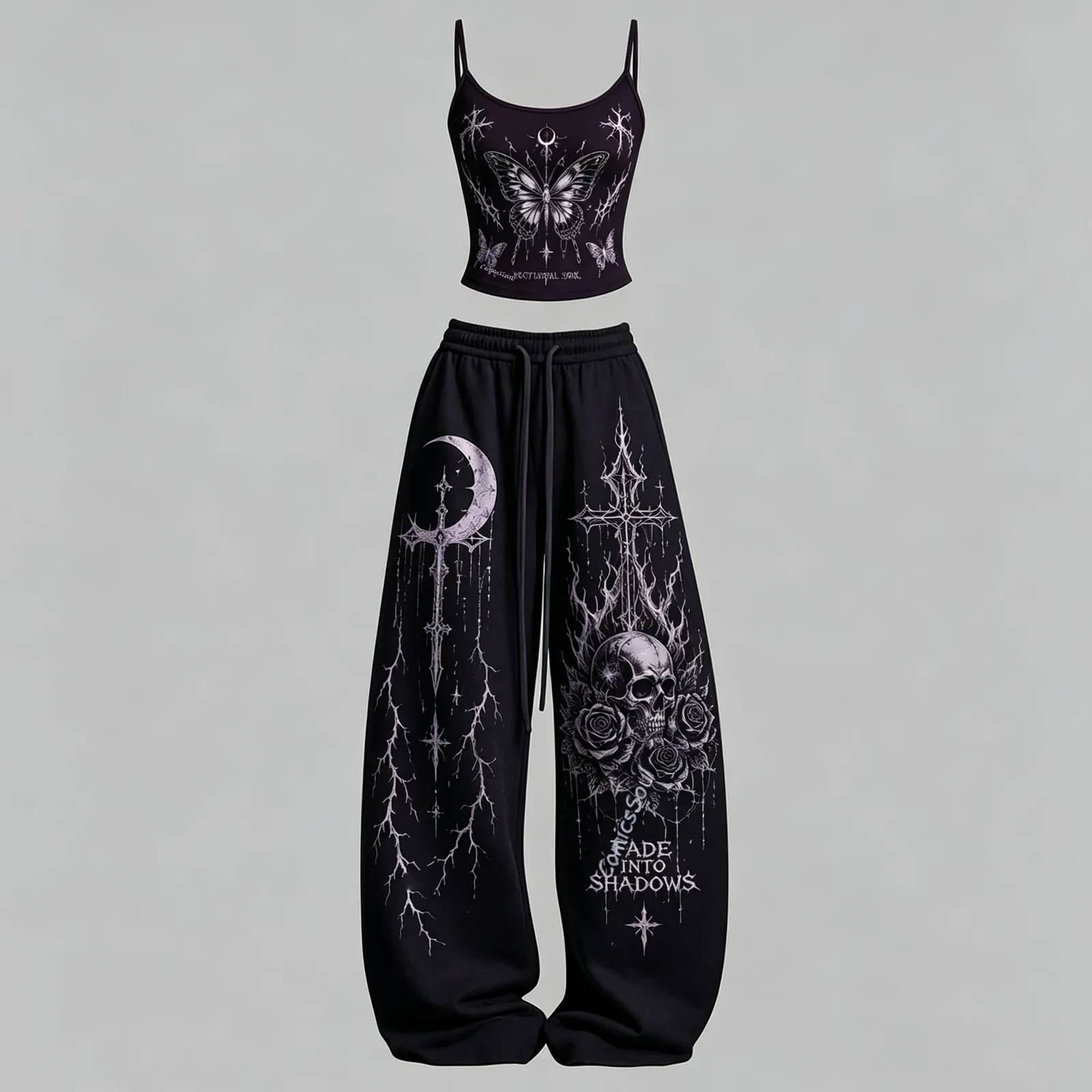Gothic Heart Fade Into Shadows Cami Crop Top and Wide Leg Trousers Two-Piece Set, Women's Black Goth Lounge Outfit, Skull Rose Butterfly Set