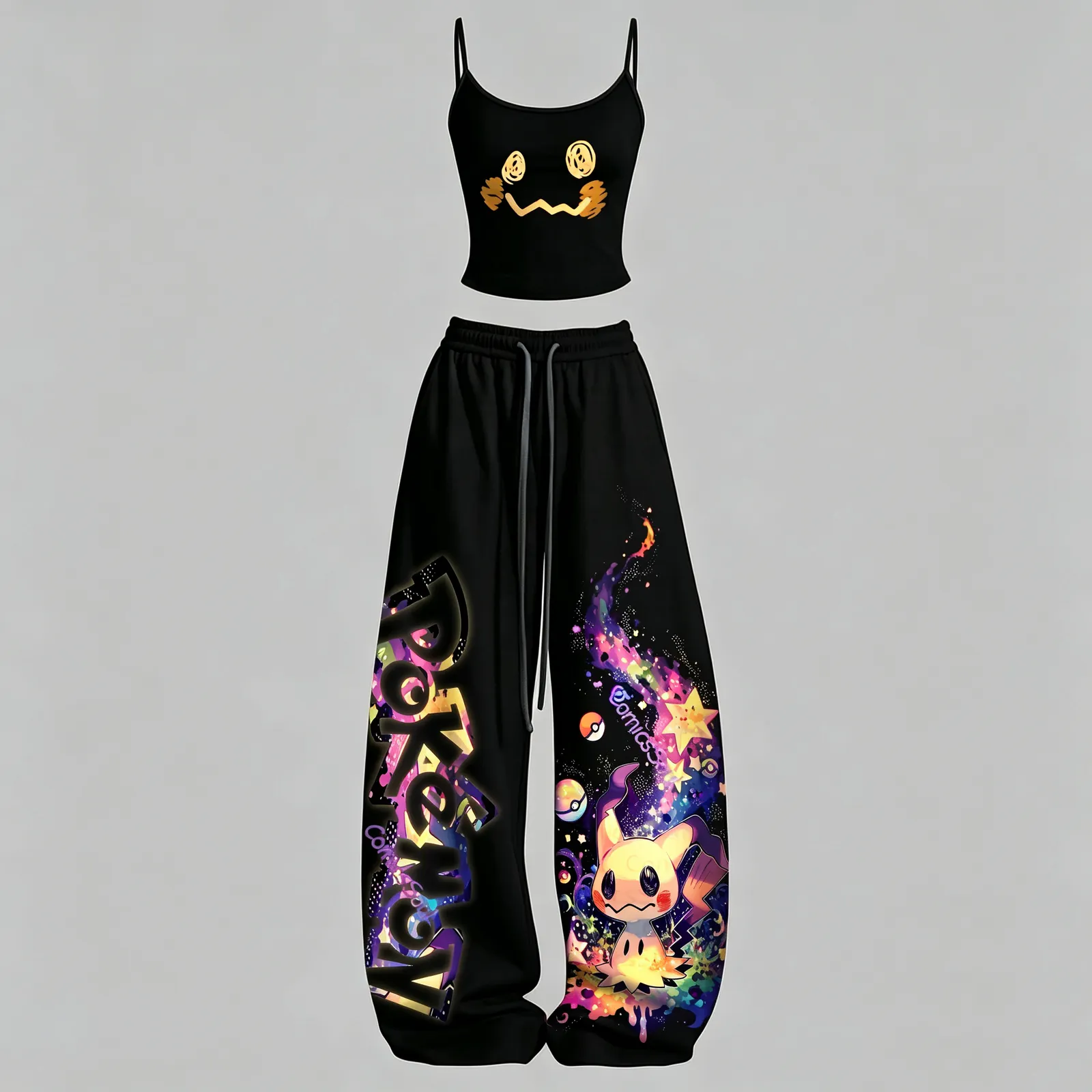 Pokémon Mimikyu Galaxy Cami Crop Top and Wide Leg Trousers Set, Women's Two-Piece Lounge Outfit, Neon Rainbow Pokeball Cute Ghost Matching Set
