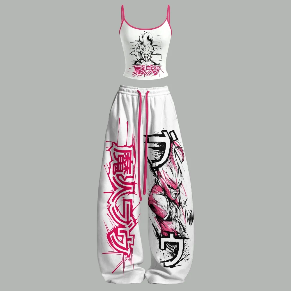 Dragon Ball Majin Buu Cami Crop Top and Wide Leg Trousers Two-Piece Set, White and Hot Pink Sketch Kanji Print, Women's Anime Matching Outfit