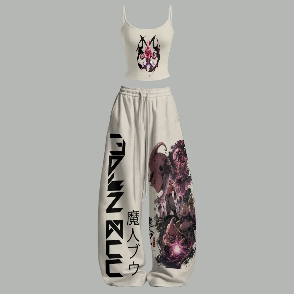 Dragon Ball Majin Buu Cami Crop Top and Wide Leg Trousers Two-Piece Set, Women's Cream Kid Buu Japanese Lettering Lounge Outfit, Anime Set