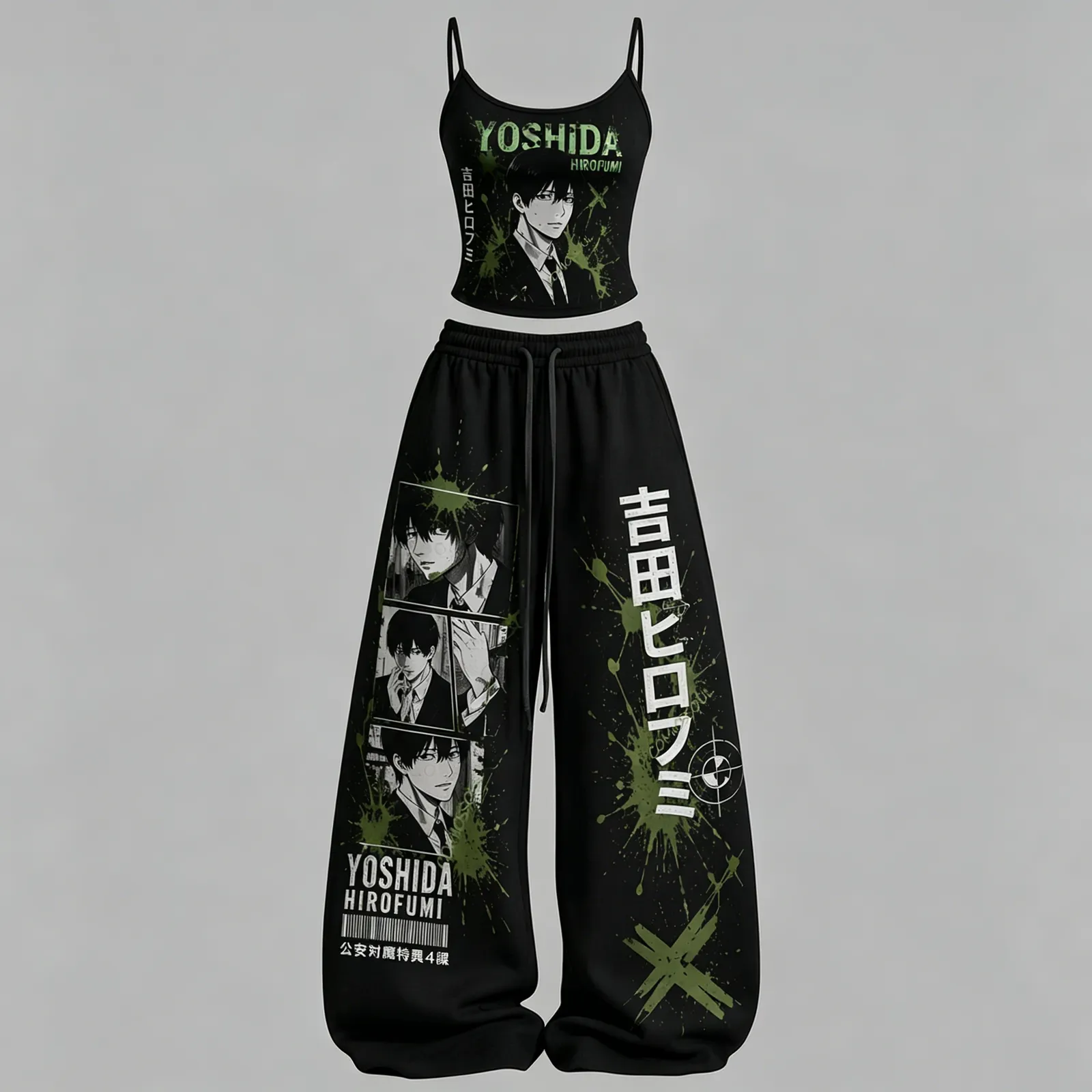 Chainsaw Man Yoshida Hirofumi Cami Crop Top and Wide Leg Trousers Two-Piece Set, Women's Black and Green Manga Panel Anime Lounge Outfit