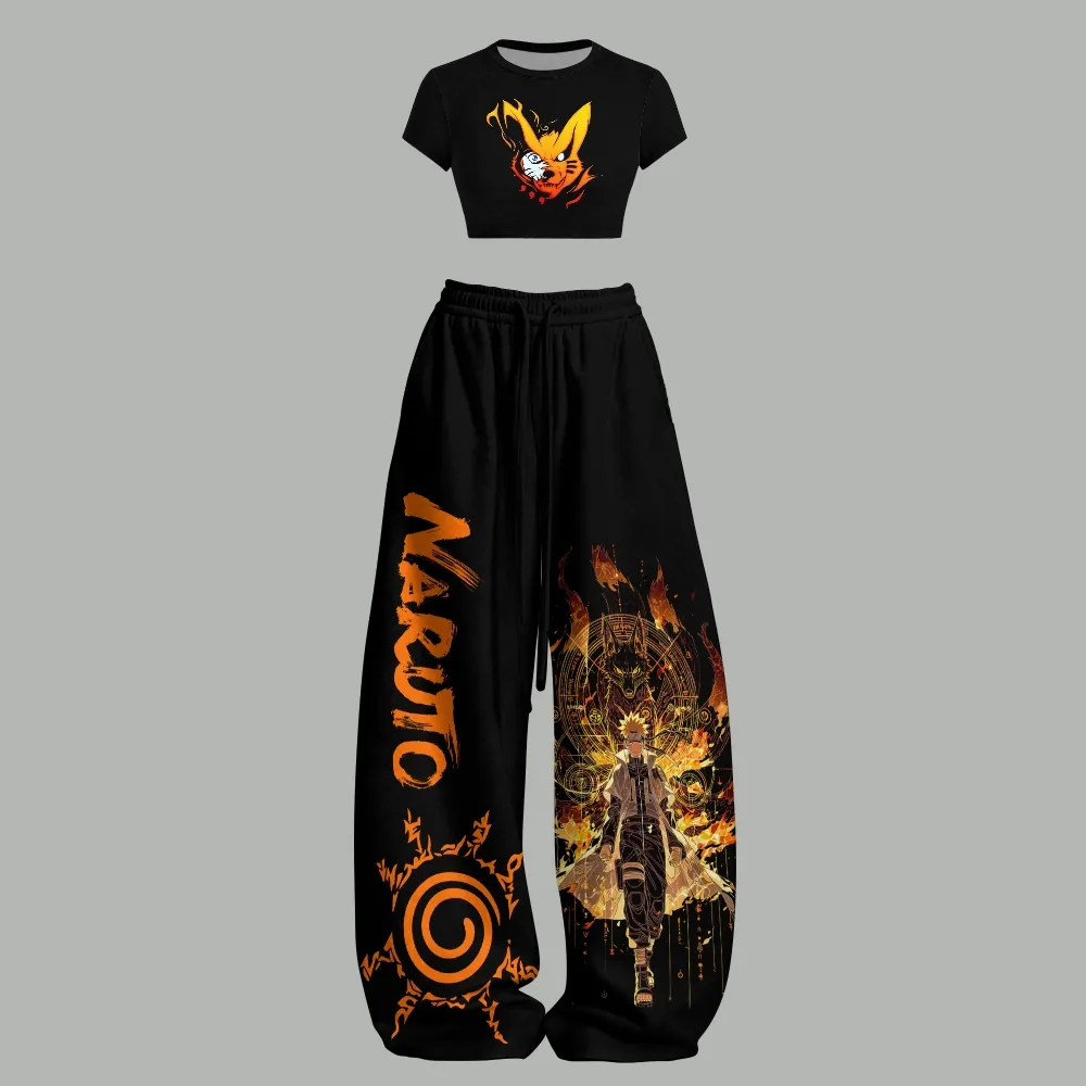 Naruto Women Nine-Tails Kurama Crop Tee and Wide Leg Trousers Set, Two-Piece Lounge Outfit, Uzumaki Spiral Flame Black and Orange Anime Set