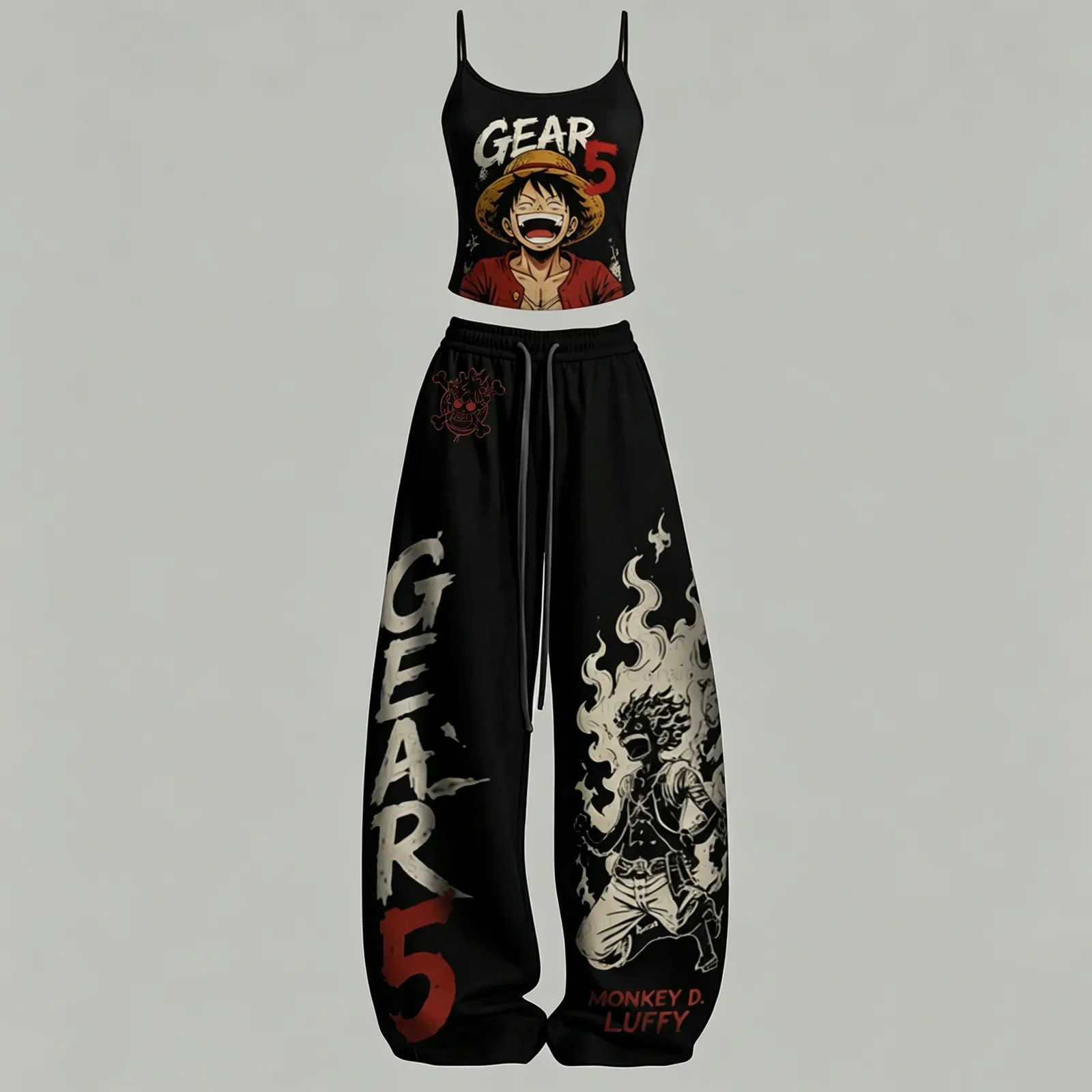 One Piece Monkey D. Luffy Gear 5 Cami Crop Top and Elasticated Wide Leg Trousers Two-Piece Set, Women's Black and Cream Straw Hat Anime Outfit