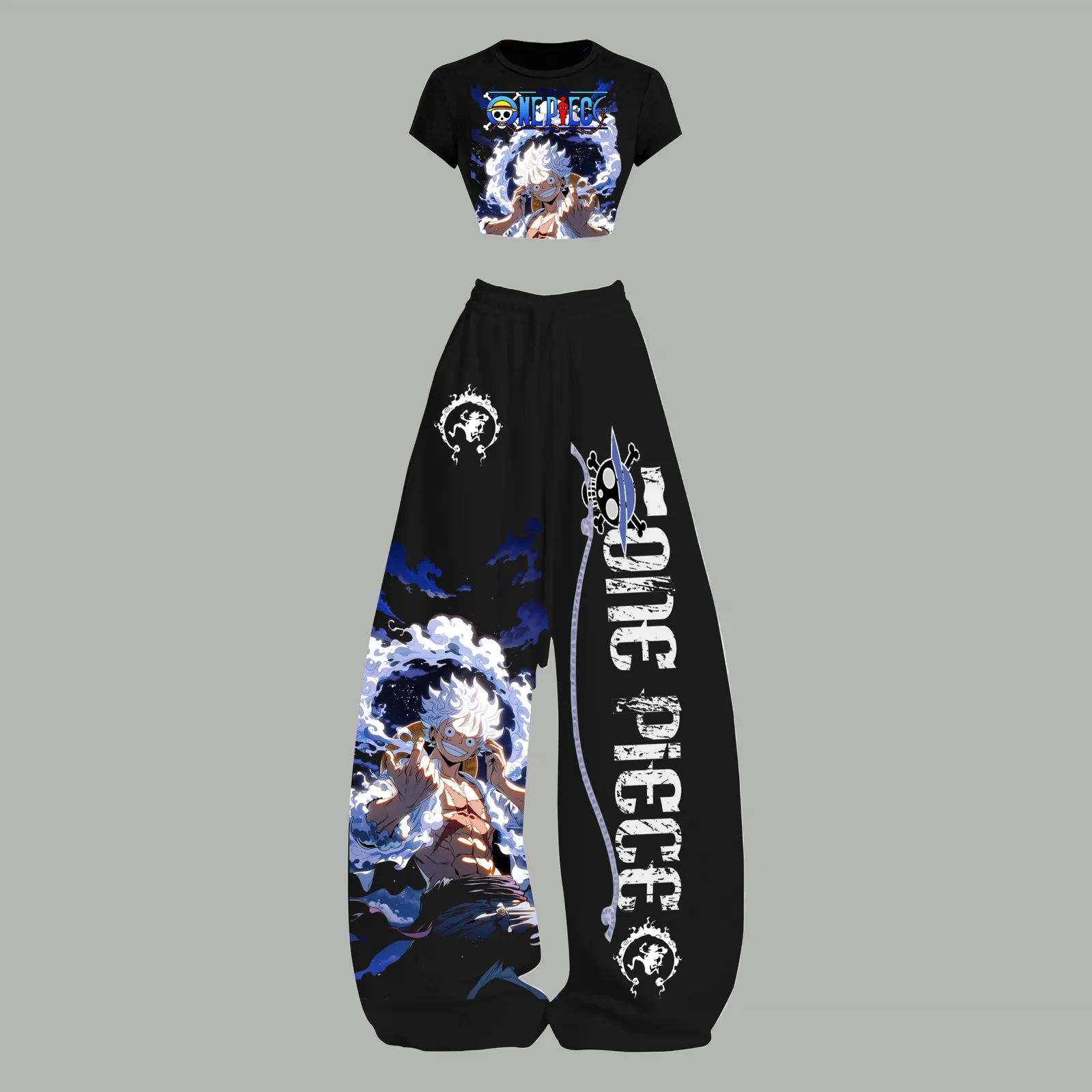 One Piece Luffy Gear 5 Crop Tee and Elasticated Wide Leg Trousers Two-Piece Set, Women's Black Sun God Nika Anime Matching Lounge Outfit