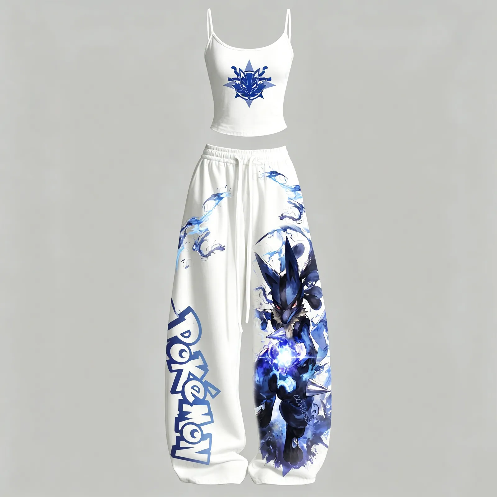 Pokémon Lucario Aura Cami Top and Elasticated Trousers Two-Piece Set, Women's White and Royal Blue Anime Lounge Outfit, Pokemon Matching Set